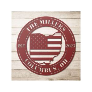 Personalized Ohio State Sign Independence Day OH State American Flag Veteran Day Patriotic Decor Gift Custom Metal Sign 1