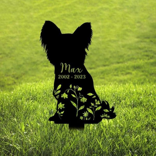 Personalized Papillon Dog Memorial Sign Yard Stakes Floral Papillon Dog Grave Marker Cemetery Decor Custom Metal Sign