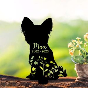 Personalized Papillon Dog Memorial Sign Yard Stakes Floral Papillon Dog Grave Marker Cemetery Decor Custom Metal Sign 3