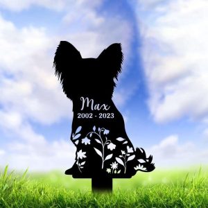 Personalized Papillon Dog Memorial Sign Yard Stakes Floral Papillon Dog Grave Marker Cemetery Decor Custom Metal Sign1