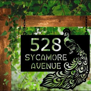 Personalized Peacock Decor Hanging Address Sign House Number Plaque Custom Metal Sign