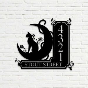 Personalized Personalized Black Cat On The Moon Address Sign House Number Plaque Custom Metal Sign