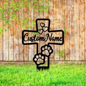 Personalized Pet Paw Print Memorial Cross Sign Loss of Dog or Cat Yard Stakes Grave Marker Cemetery Decor Custom Metal Sign 1