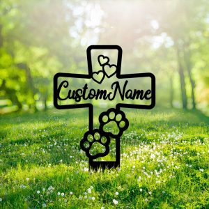 Personalized Pet Paw Print Memorial Cross Sign Loss of Dog or Cat Yard Stakes Grave Marker Cemetery Decor Custom Metal Sign 3