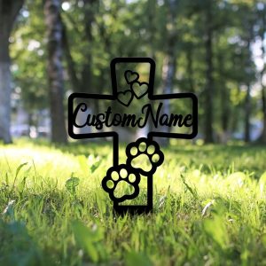 Personalized Pet Paw Print Memorial Cross Sign Loss of Dog or Cat Yard Stakes Grave Marker Cemetery Decor Custom Metal Sign 4