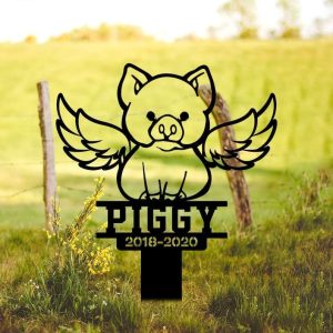 Personalized Pig with Wings Memorial Sign Yard Stakes Pig Grave Marker Cemetery Decor Custom Metal Sign 2