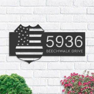 Personalized Police Badge American Flag Patriotic Address Sign House Number Plaque Custom Metal Sign 1