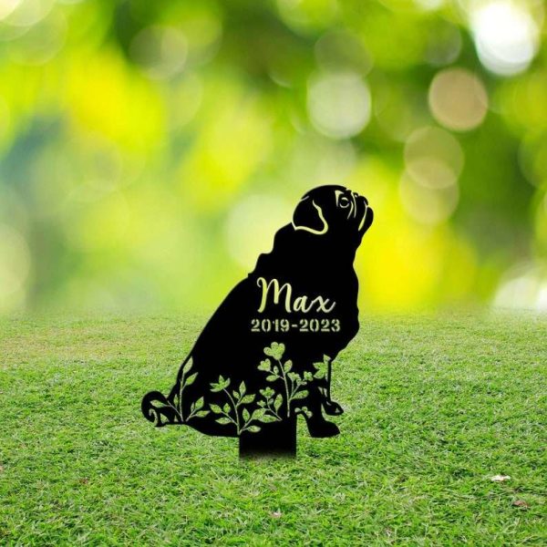 Personalized Pugs Memorial Sign Yard Stakes Floral Pugs Grave Marker Cemetery Decor Custom Metal Sign