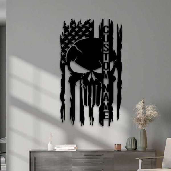 Personalized Punisher Skull USA American Flag Sign Independence Day Veteran Day Patriotic Decor Custom Metal Sign