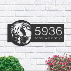 Personalized River Scene Stork V1 Address Sign House Number Plaque Custom Metal Sign 1