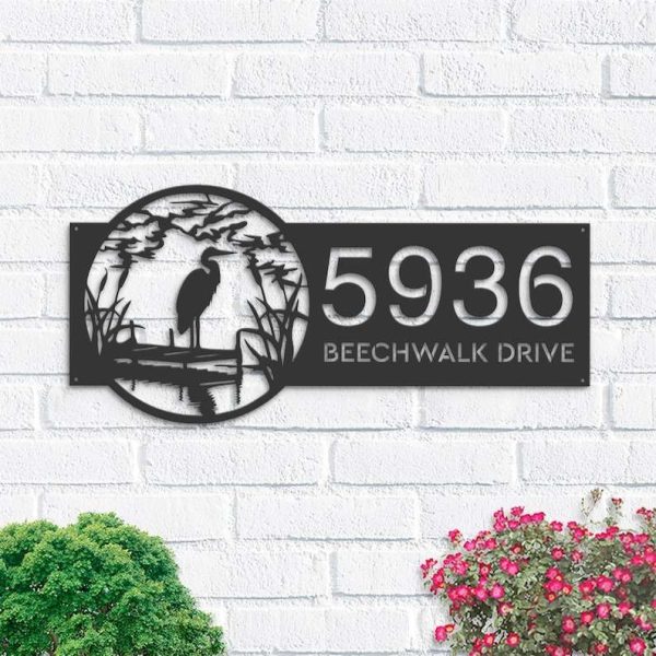 Personalized River Scene Stork V2 Address Sign House Number Plaque Custom Metal Sign