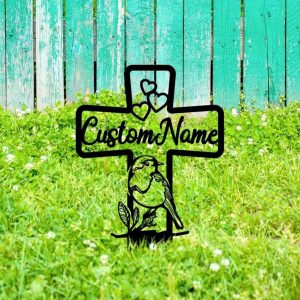 Personalized Robin Bird Memorial Cross Sign Yard Stakes Cross with Hearts Grave Marker Cemetery Decor Custom Metal Sign 1