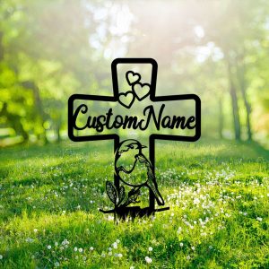 Personalized Robin Bird Memorial Cross Sign Yard Stakes Cross with Hearts Grave Marker Cemetery Decor Custom Metal Sign 3