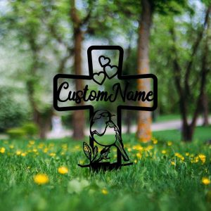 Personalized Robin Bird Memorial Cross Sign Yard Stakes Cross with Hearts Grave Marker Cemetery Decor Custom Metal Sign 4