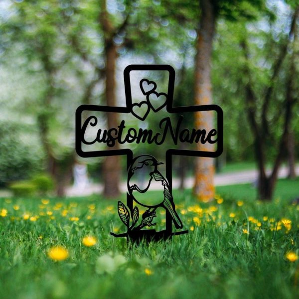 Personalized Robin Bird Memorial Cross Sign Yard Stakes Cross with Hearts Grave Marker Cemetery Decor Custom Metal Sign