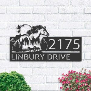 Personalized Running Horse Mountain Forest Scene Address Sign House Number Plaque Custom Metal Sign 1