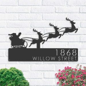 Personalized Santa Claus Christmas Reindeer Sleigh Address Sign House Number Plaque Custom Metal Sign 1