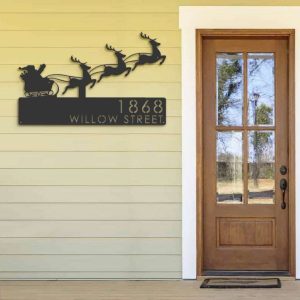 Personalized Santa Claus Christmas Reindeer Sleigh Address Sign House Number Plaque Custom Metal Sign 2