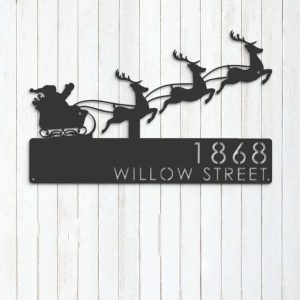 Personalized Santa Claus Christmas Reindeer Sleigh Address Sign House Number Plaque Custom Metal Sign 3