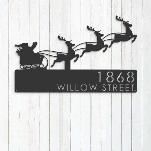 Personalized Santa Claus Christmas Reindeer Sleigh Address Sign House Number Plaque Custom Metal Sign