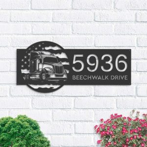 Personalized Semi Truck US Flag Truck Driver Address Sign House Number Plaque Custom Metal Sign 1