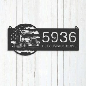 Personalized Semi Truck US Flag Truck Driver Address Sign House Number Plaque Custom Metal Sign 3