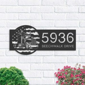 Personalized Semi Truck US Flag Trucker Driver Address Sign House Number Plaque Custom Metal Sign 1