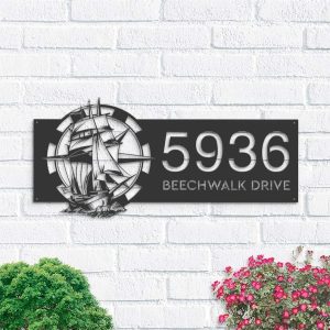 Personalized Ship with Compass Sailing Pirate Address Sign House Number Plaque Custom Metal Sign