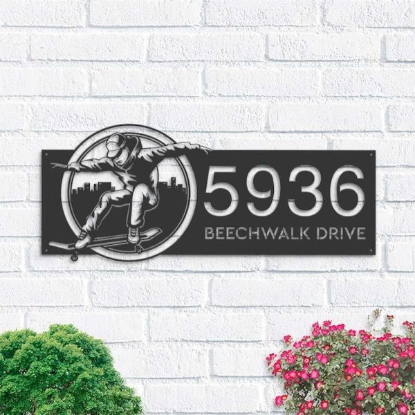 Personalized Skateboarder Sport Skateboard Address Sign House Number Plaque Custom Metal Sign