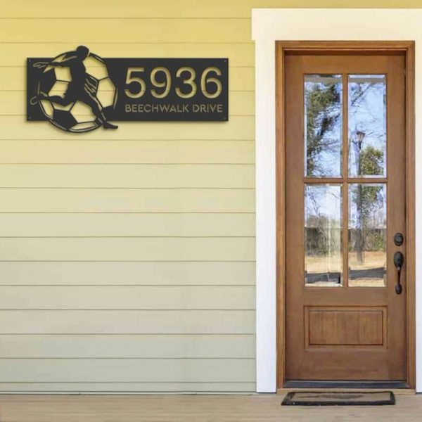 Personalized Soccer Player Football V3 Address Sign House Number Plaque Custom Metal Sign