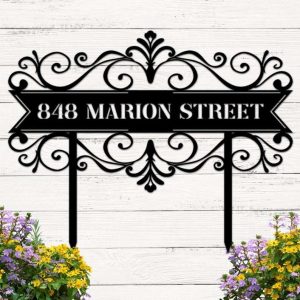 Personalized Swirl Address Sign with Stakes Lan Yard House Number Plaque Custom Metal Sign 1