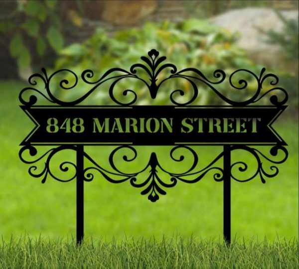 Personalized Swirl Address Sign with Stakes Lăn Yard House Number Plaque Custom Metal Sign