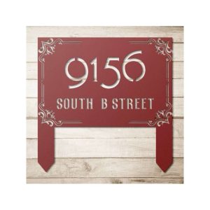 Personalized Swirl Mid Century Address Sign with Stakes House Number Plaque Custom Metal Sign 1