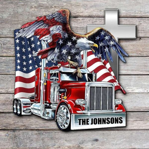 Personalized Trucker With Eagle And American Flag Sign Independence Day Veteran Day Home Decor Gift for Patriot Custom Metal Sign