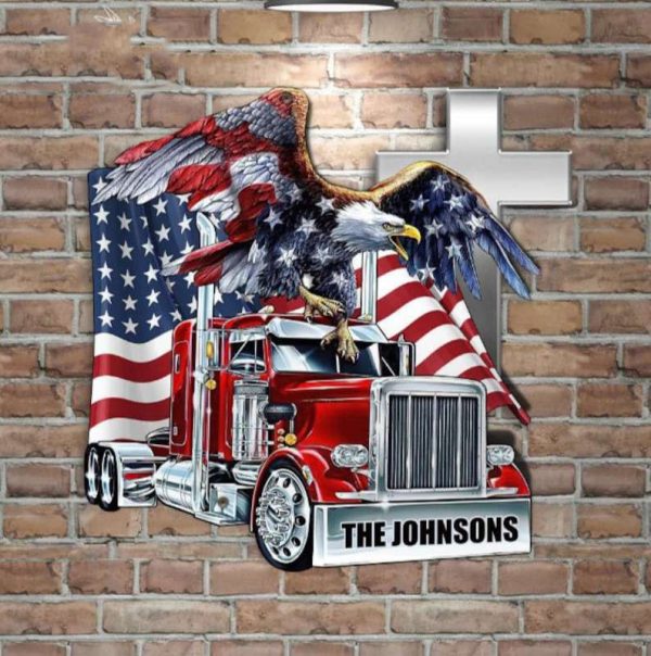 Personalized Trucker With Eagle And American Flag Sign Independence Day Veteran Day Home Decor Gift for Patriot Custom Metal Sign