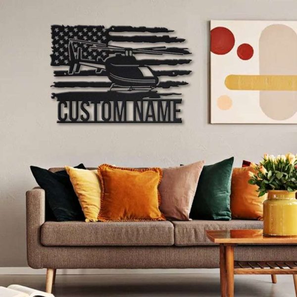 Personalized US Army Helicopter US Flag Sign Aircraft Hangar Pilot Name Sign Airforce Patriotic Decor Gift Custom Metal Sign