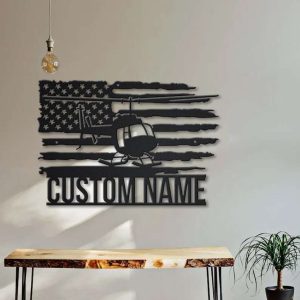 Personalized US Army Helicopter US Flag Sign Aircraft Hangar Pilot Name Sign Airforce Patriotic Decor Gift Custom Metal Sign