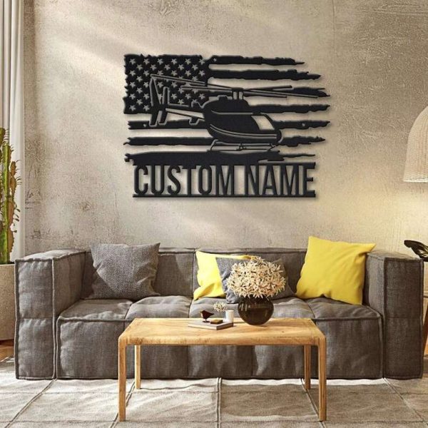 Personalized US Army Helicopter US Flag Sign Aircraft Hangar Pilot Name Sign Airforce Patriotic Decor Gift Custom Metal Sign