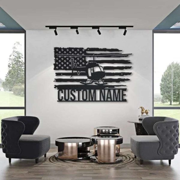 Personalized US Army Helicopter US Flag Sign Aircraft Hangar Pilot Name Sign Airforce Patriotic Decor Gift Custom Metal Sign