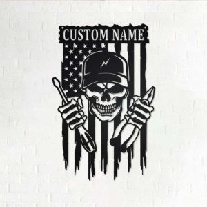 Personalized US Flag Electrician Skull Lineman Custom Metal Sign 1