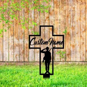 Personalized US Military Veteran Cross Memorial Sign Yard Stakes Grave Marker Cemetery Decor Custom Metal Sign 3