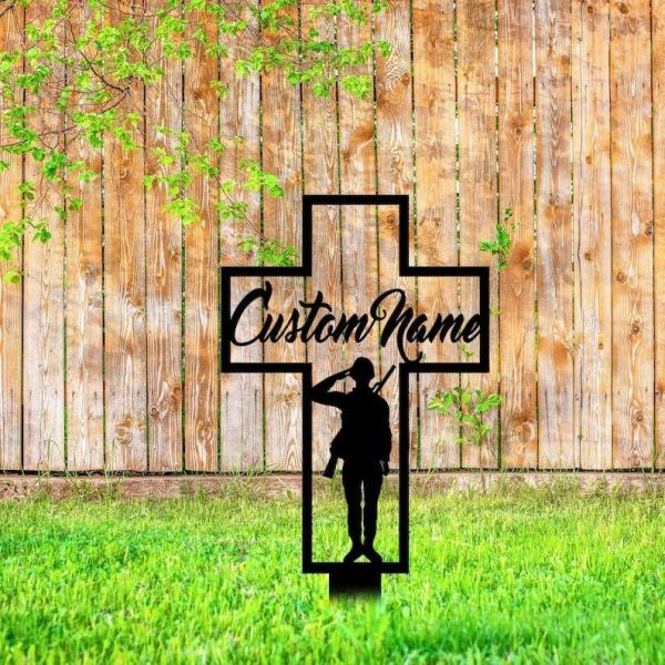 Personalized US Military Veteran Cross Memorial Sign Yard Stakes Grave Marker Cemetery Decor Custom Metal Sign