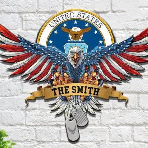 Personalized USA Air Force Bald Eagle with Flag  Sign Independence Day Veteran Day Home Decor Gift for Patriot Custom Metal Sign