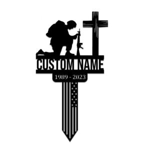Personalized Veteran Soldier Patriotic Flag Memorial Sign Yard Stakes Army Grave Marker Cemetery Decor Custom Metal Sign