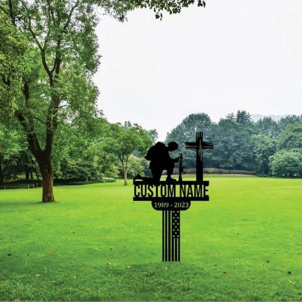 Personalized Veteran Soldier Patriotic Flag Memorial Sign Yard Stakes Army Grave Marker Cemetery Decor Custom Metal Sign