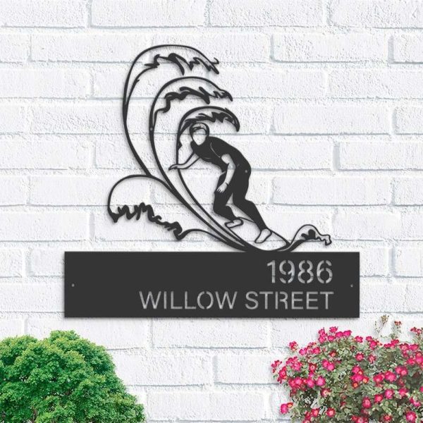 Personalized Waves Surfing Surfer Summer Sport Address Sign House Number Plaque Custom Metal Sign