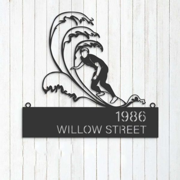 Personalized Waves Surfing Surfer Summer Sport Address Sign House Number Plaque Custom Metal Sign