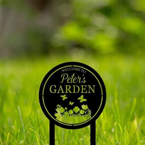 Personalized Welcome To Garden Flower and Butterfly Yard Stakes Decorative Custom Metal Sign