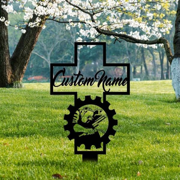 Personalized Welder Memorial Sign Yard Stakes Welder Cross Grave Marker Cemetery Decor Custom Metal Sign