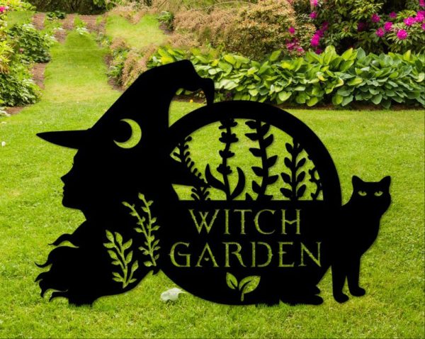 Personalized Witch and Black Cat Magical Garden Decorative Custom Metal Sign